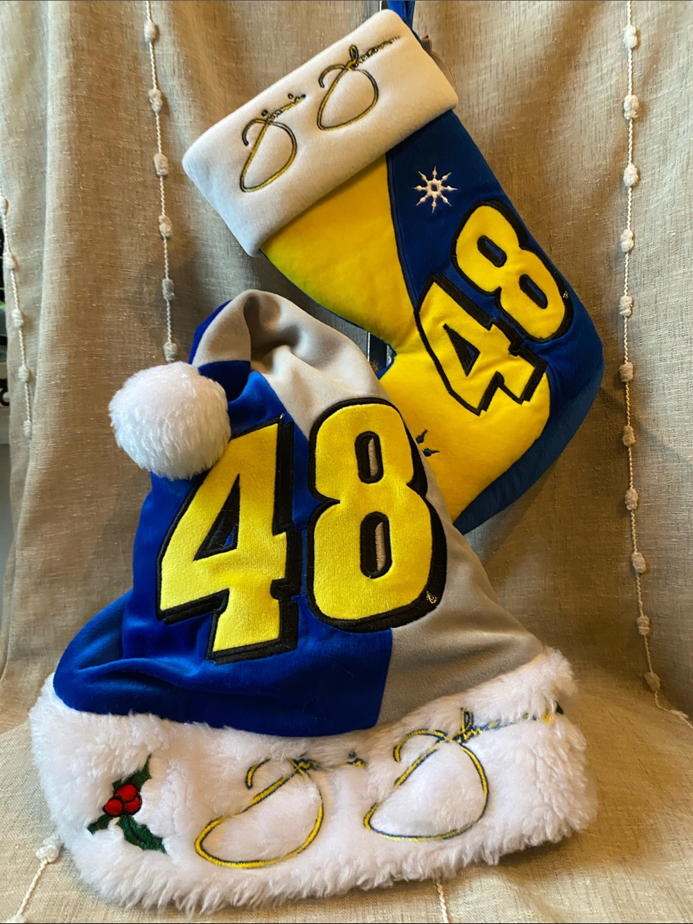 Racing Holiday Hat & Stocking Set - Blue and Yellow #48